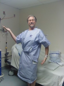 November 14, 2014: Getting ready for my lymph node biopsy. And showing off my fine gown.